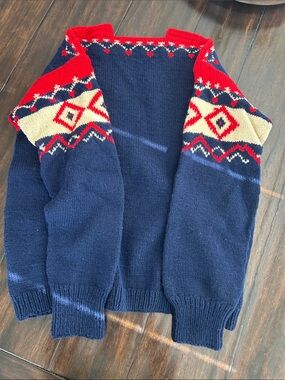 Men's Navy Crewneck Sweater with Red and Cream Fair Isle Detail